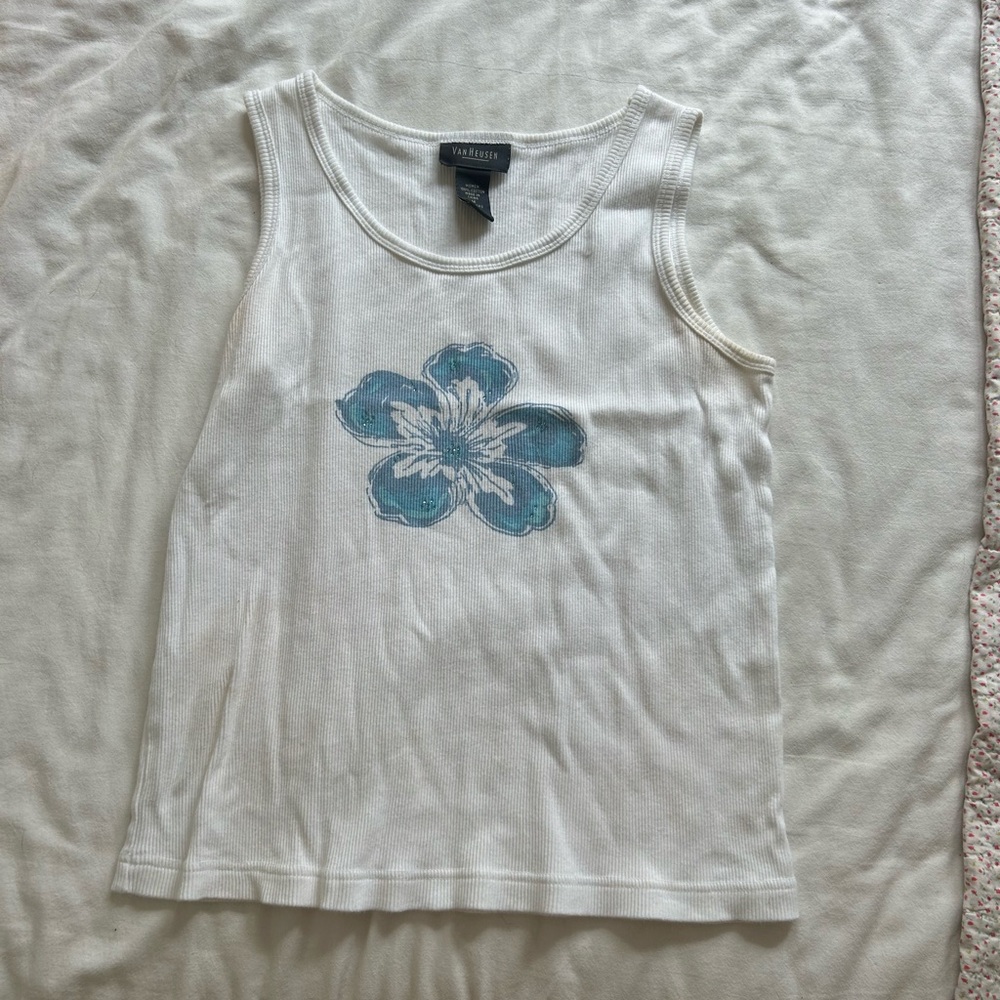 Van Heusen White Tank Top with Blue Accents